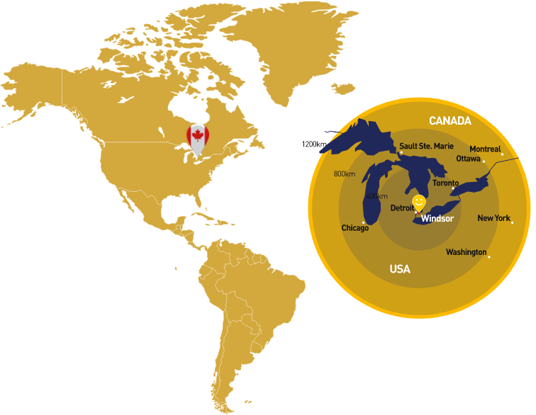 windsor placement on map of canada and its surrounding areas